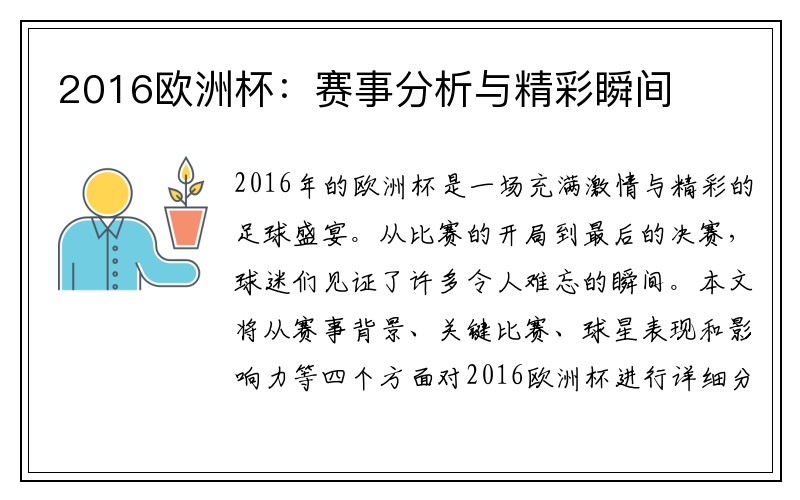 2016欧洲杯：赛事分析与精彩瞬间