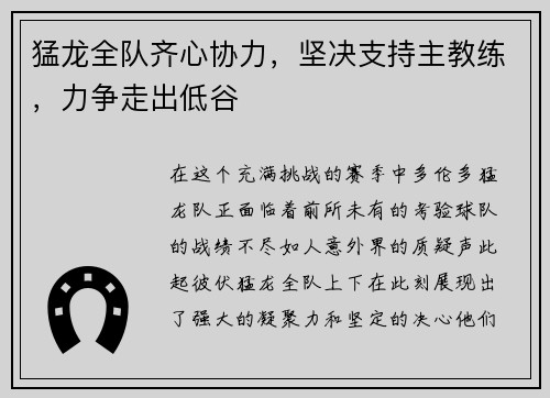 猛龙全队齐心协力，坚决支持主教练，力争走出低谷