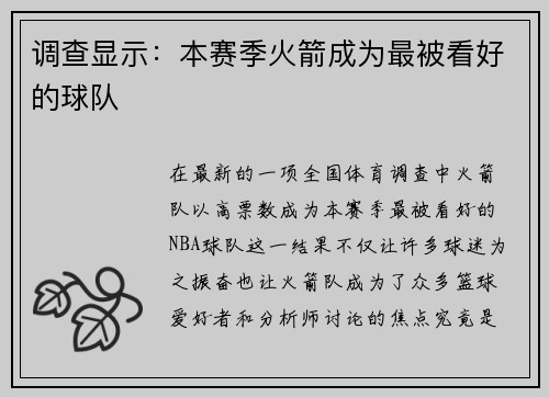 调查显示：本赛季火箭成为最被看好的球队